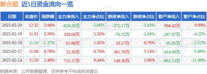 聚合顺（605166）2月20日主力资金净卖出61926万元